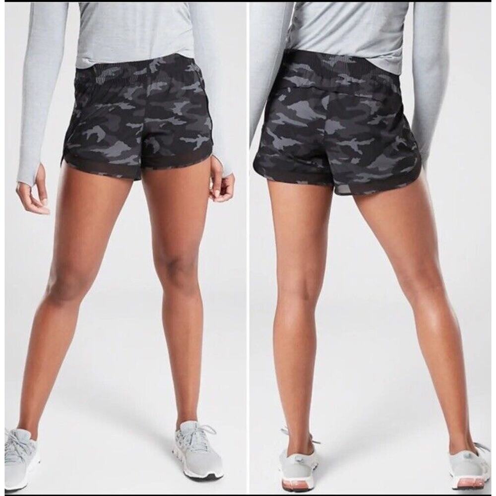 Athleta Printed Mesh Racer Run Short 4” XXSMALL Black Camo Pocket Built-in Brief